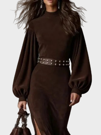 Millicent Retro Long-Sleeve Maxi Dress with Stand Collar
