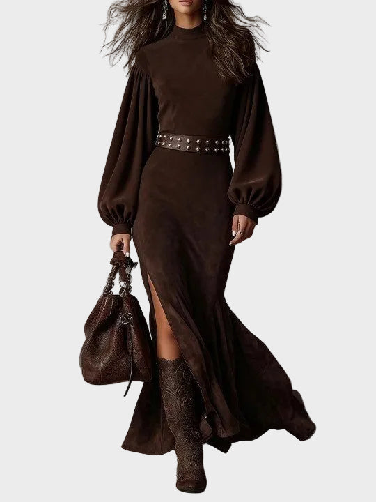 Millicent Retro Long-Sleeve Maxi Dress with Stand Collar - view 2