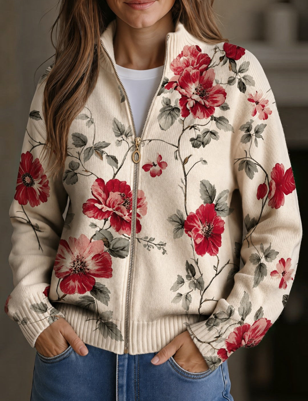 Monika Cardigan with Vintage Rose Pattern