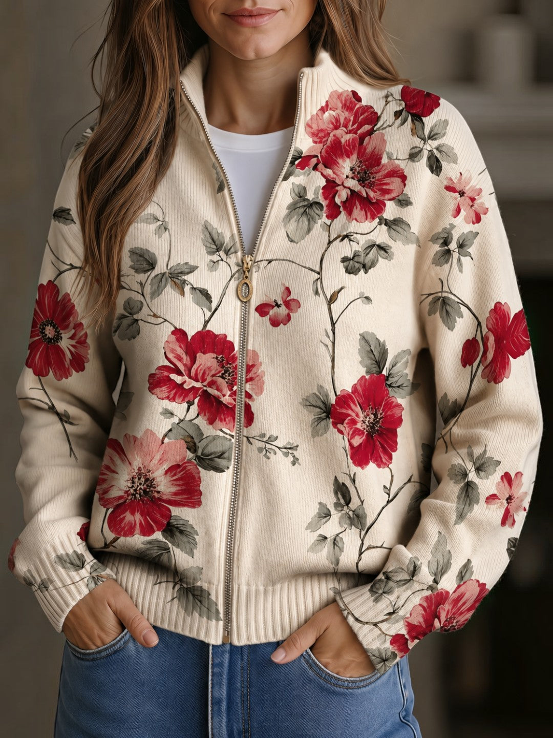 Monika Cardigan with Vintage Rose Pattern