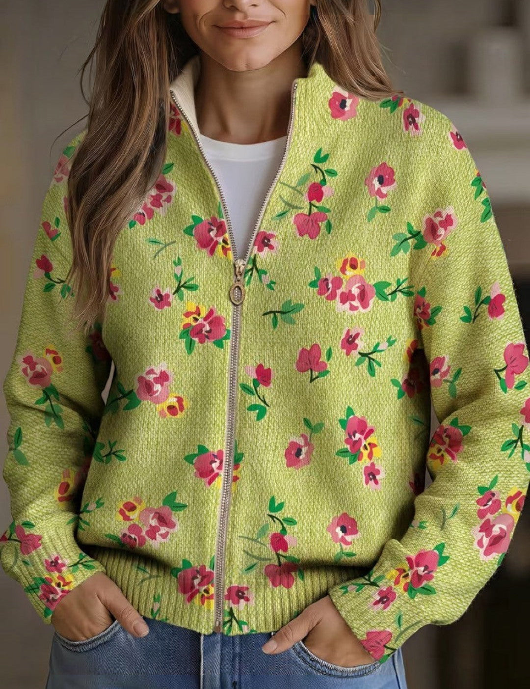 Elke Green Cardigan with Floral Pattern