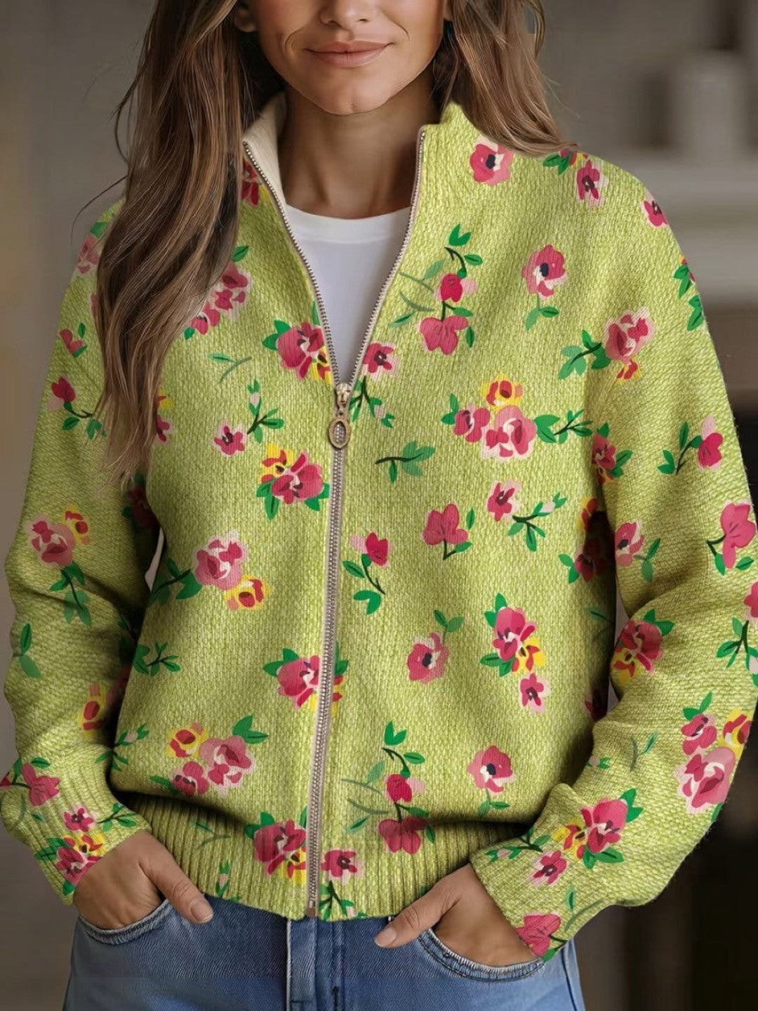 Elke Green Cardigan with Floral Pattern