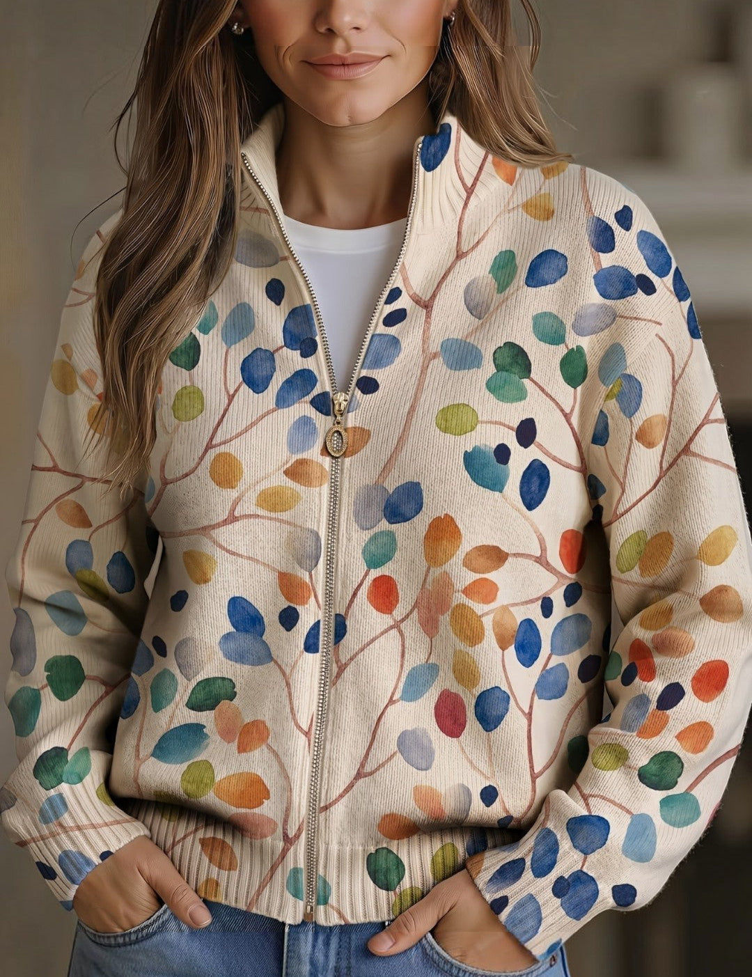 Anja Cardigan with Colourful Leaf Pattern