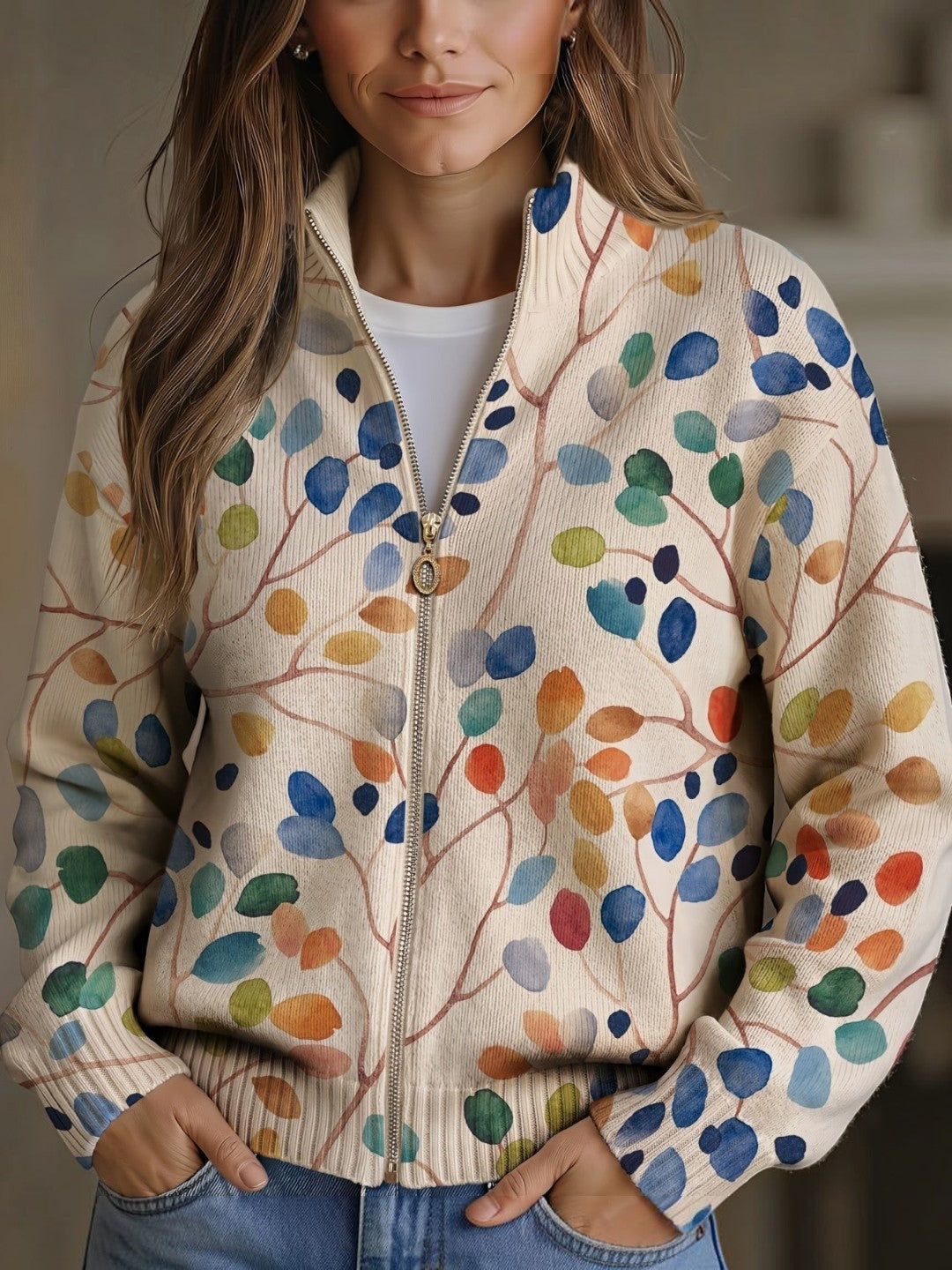 Anja Cardigan with Colourful Leaf Pattern
