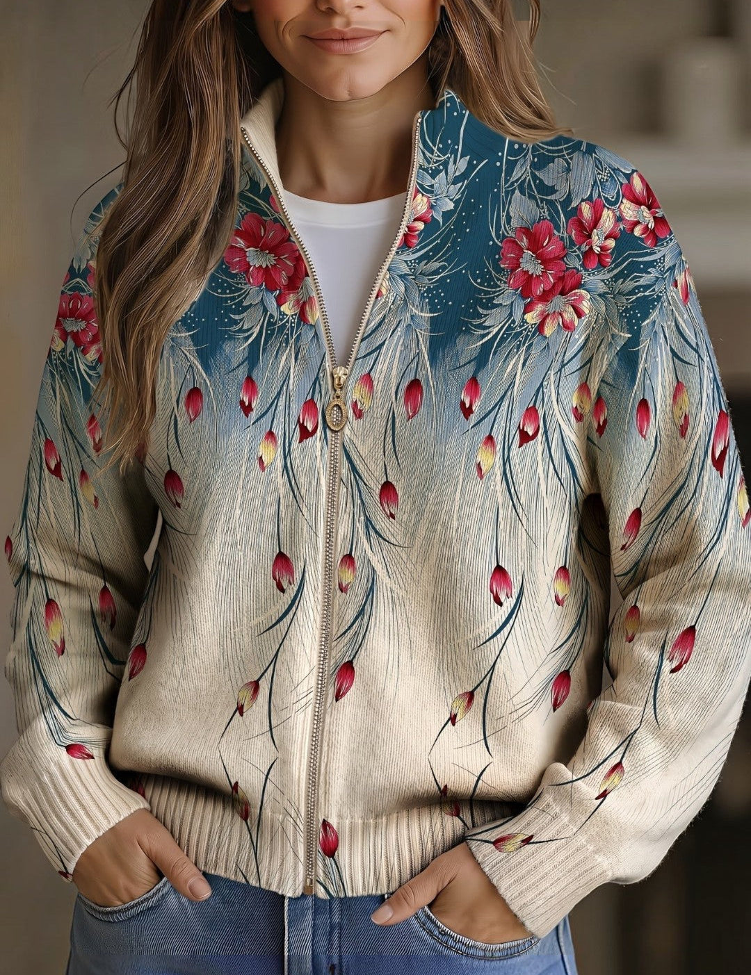 Martina Cardigan with Peacock Feather Design