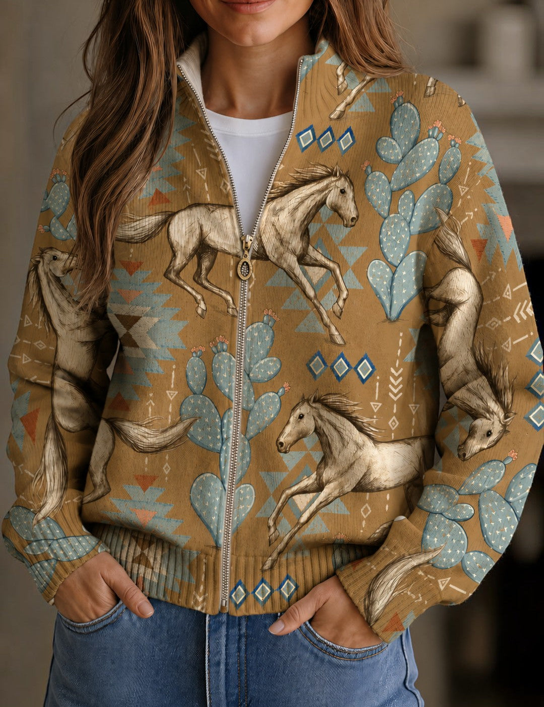 Brigitte Cardigan with Horse and Cactus Design