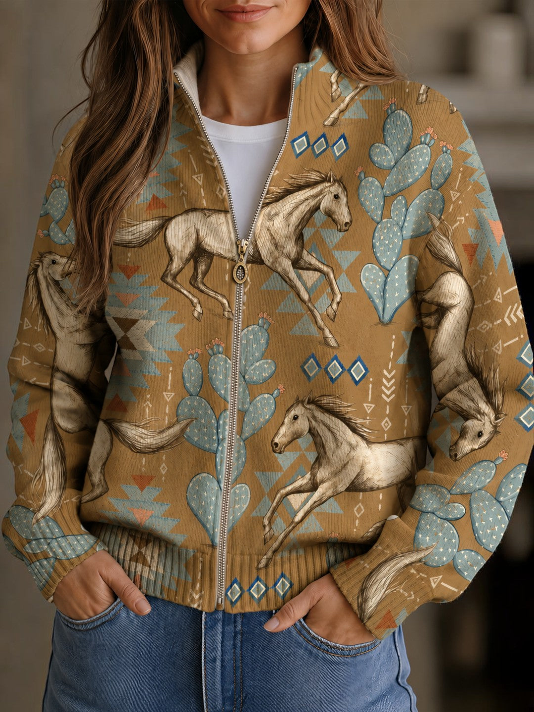 Brigitte Cardigan with Horse and Cactus Design