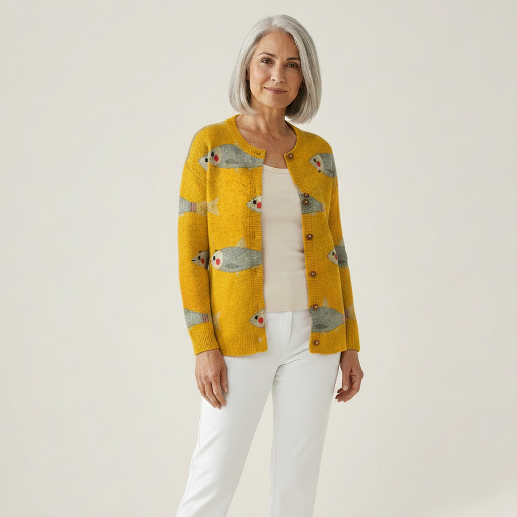 Moira Vintage Fish Sardines Art Print Buttoned Cardigan