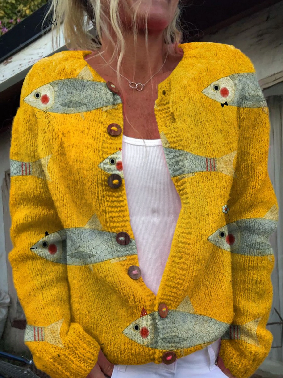 Moira Vintage Fish Sardines Art Print Buttoned Cardigan - view 5