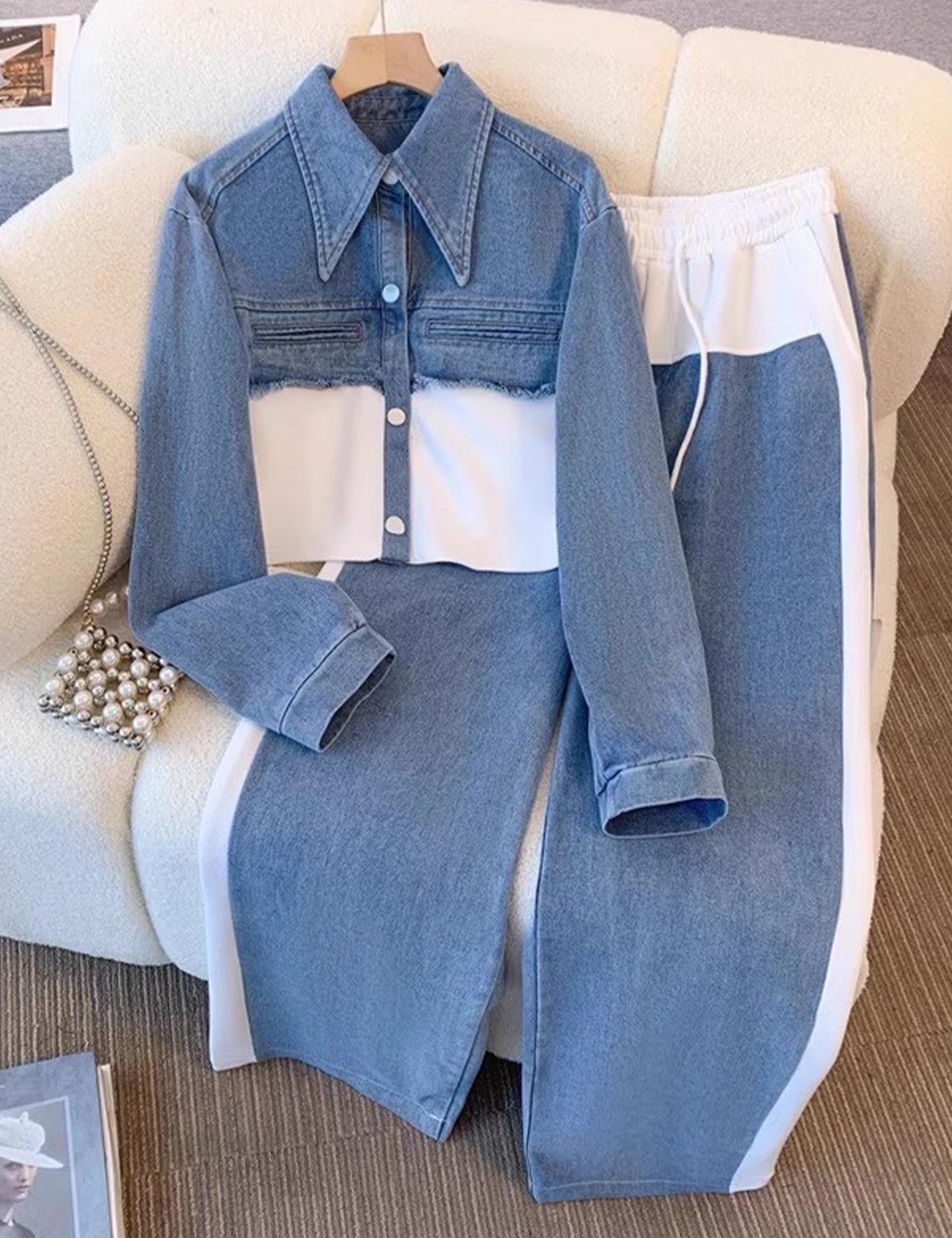 Natalie | Colour-Block Cropped Jacket & Wide-Leg Trousers Set