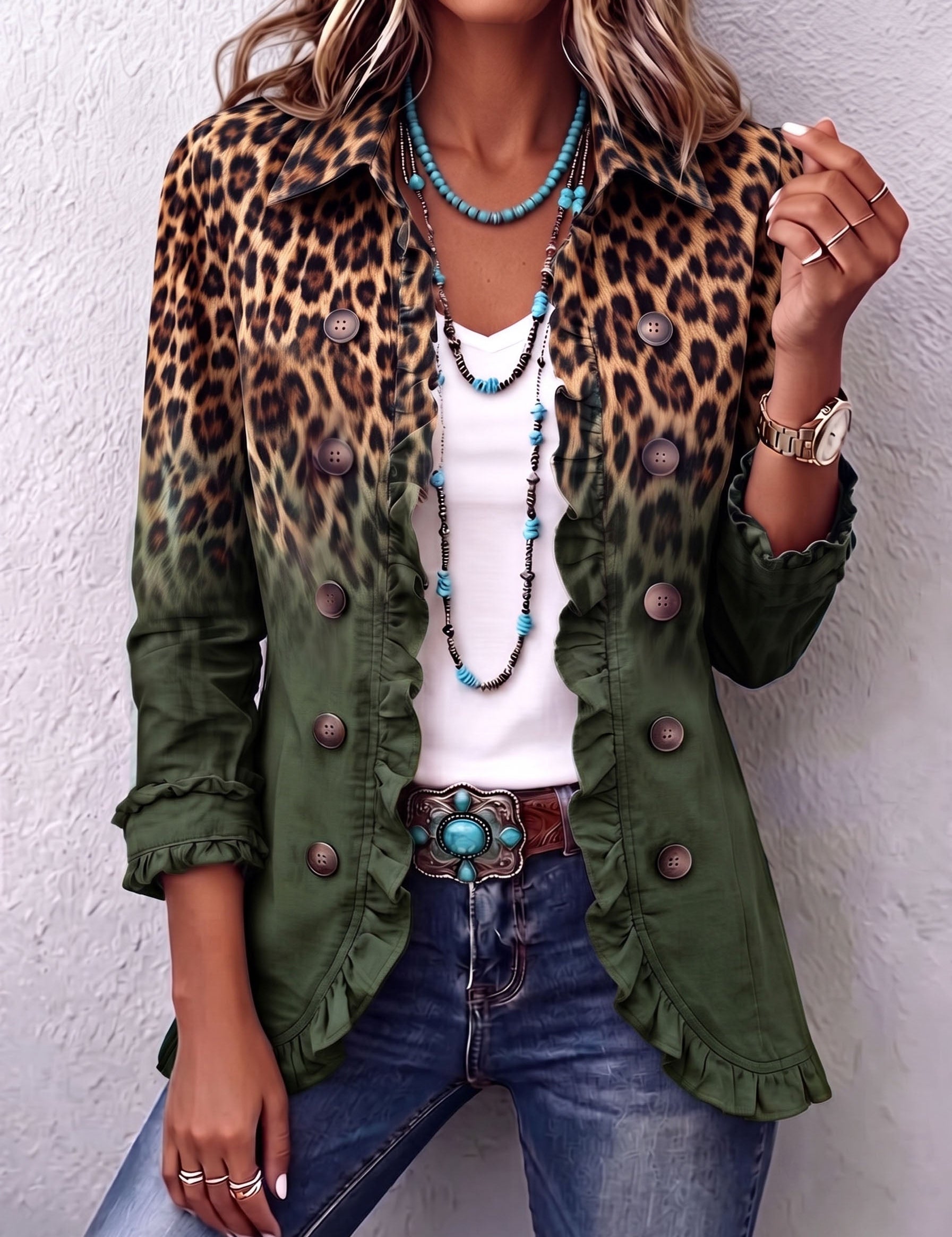Emma | Leopard Ombre Ruffle Blazer Jacket