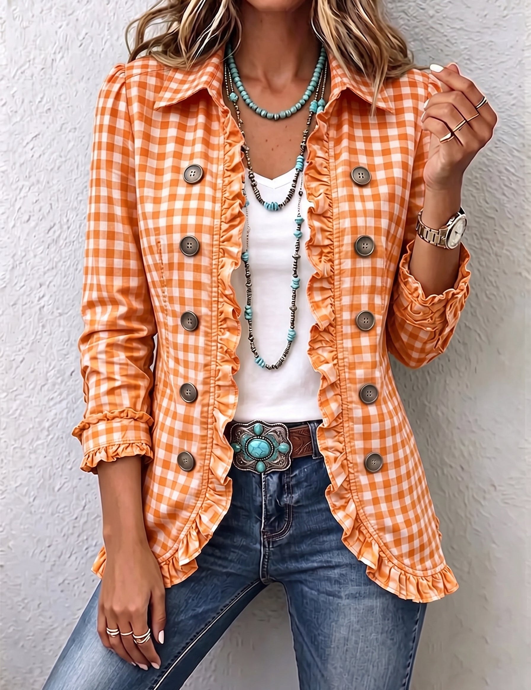 Evelyn | Gingham Ruffled Button-Down Jacket