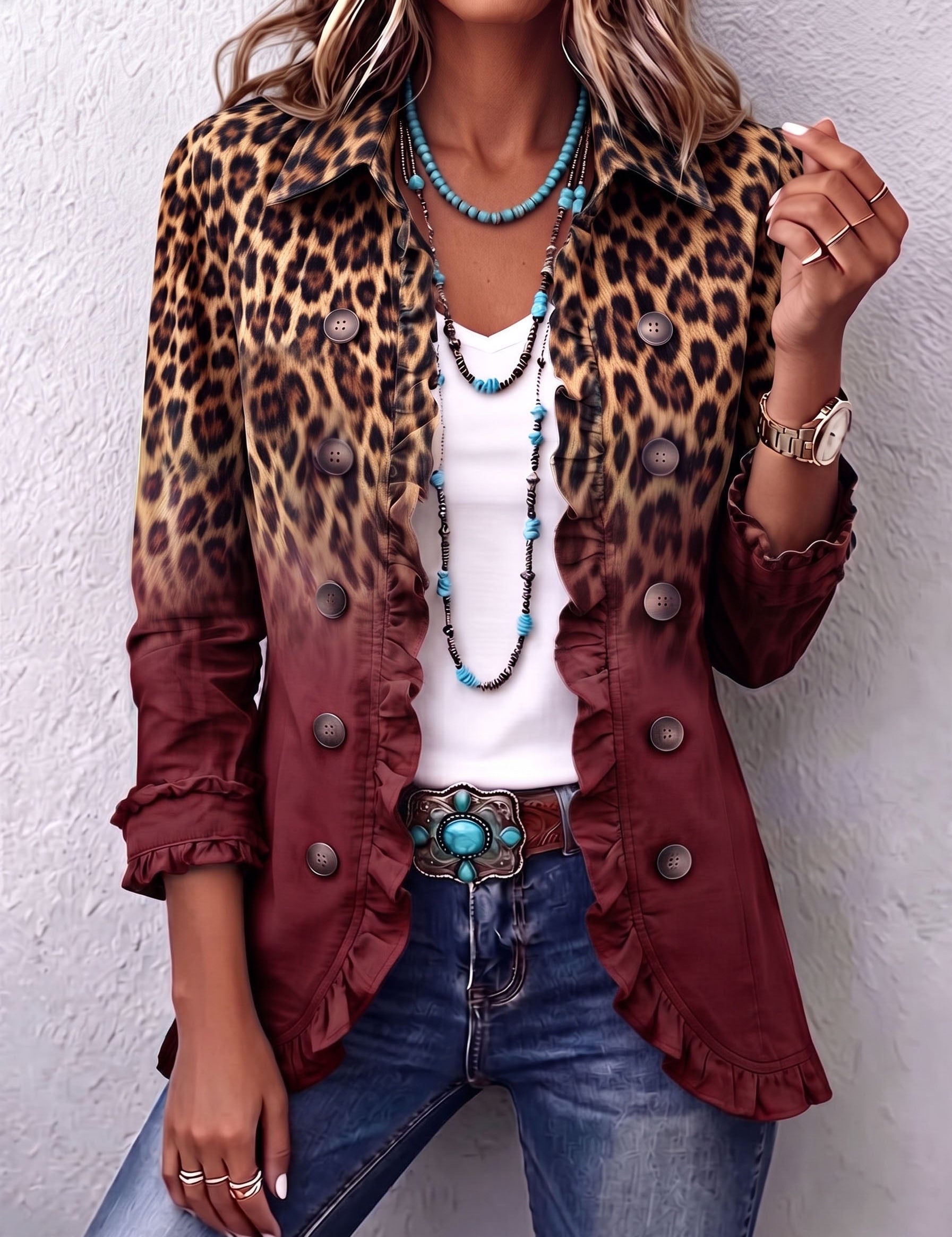 Emma | Leopard Ombre Ruffle Blazer Jacket