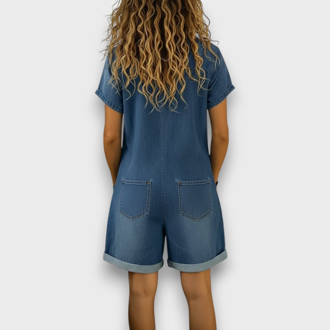 Georgina Vintage Cotton Denim-Look Short Jumpsuit - view 2