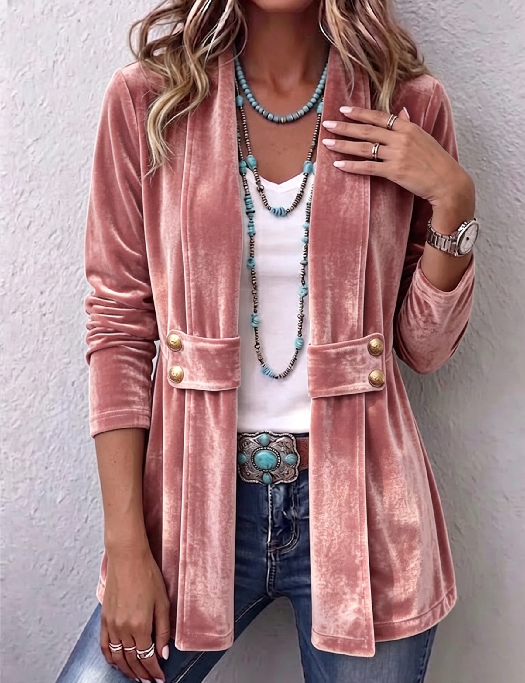 Muriel | Vintage Lapel Button-Accent Long Sleeve Open Front Jacket