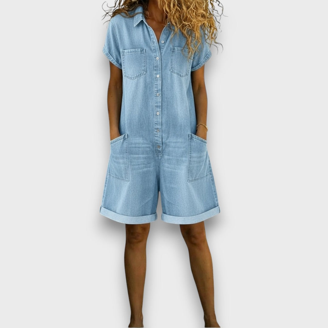 Georgina Vintage Cotton Denim-Look Short Jumpsuit - view 6
