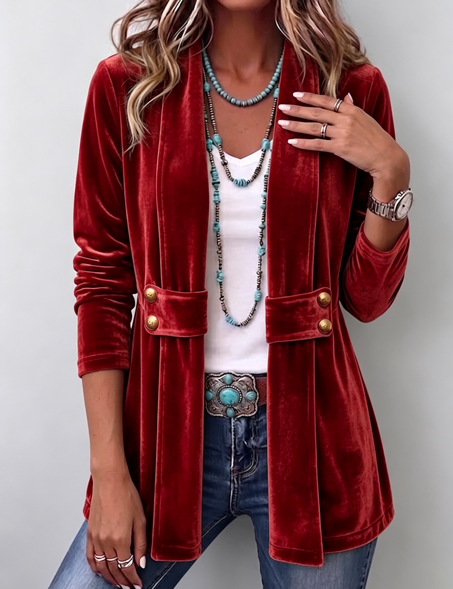 Muriel | Vintage Lapel Button-Accent Long Sleeve Open Front Jacket