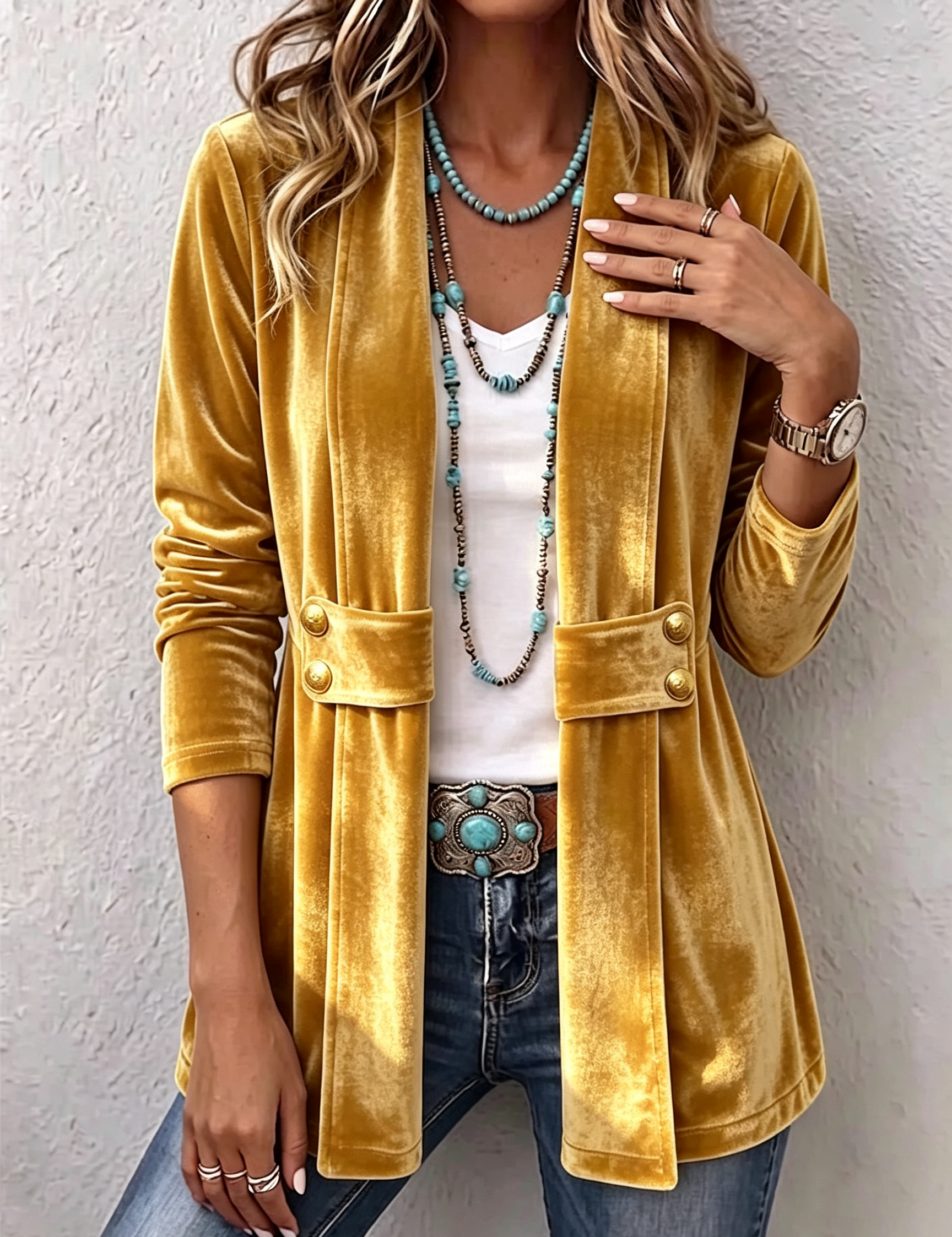 Muriel | Vintage Lapel Button-Accent Long Sleeve Open Front Jacket