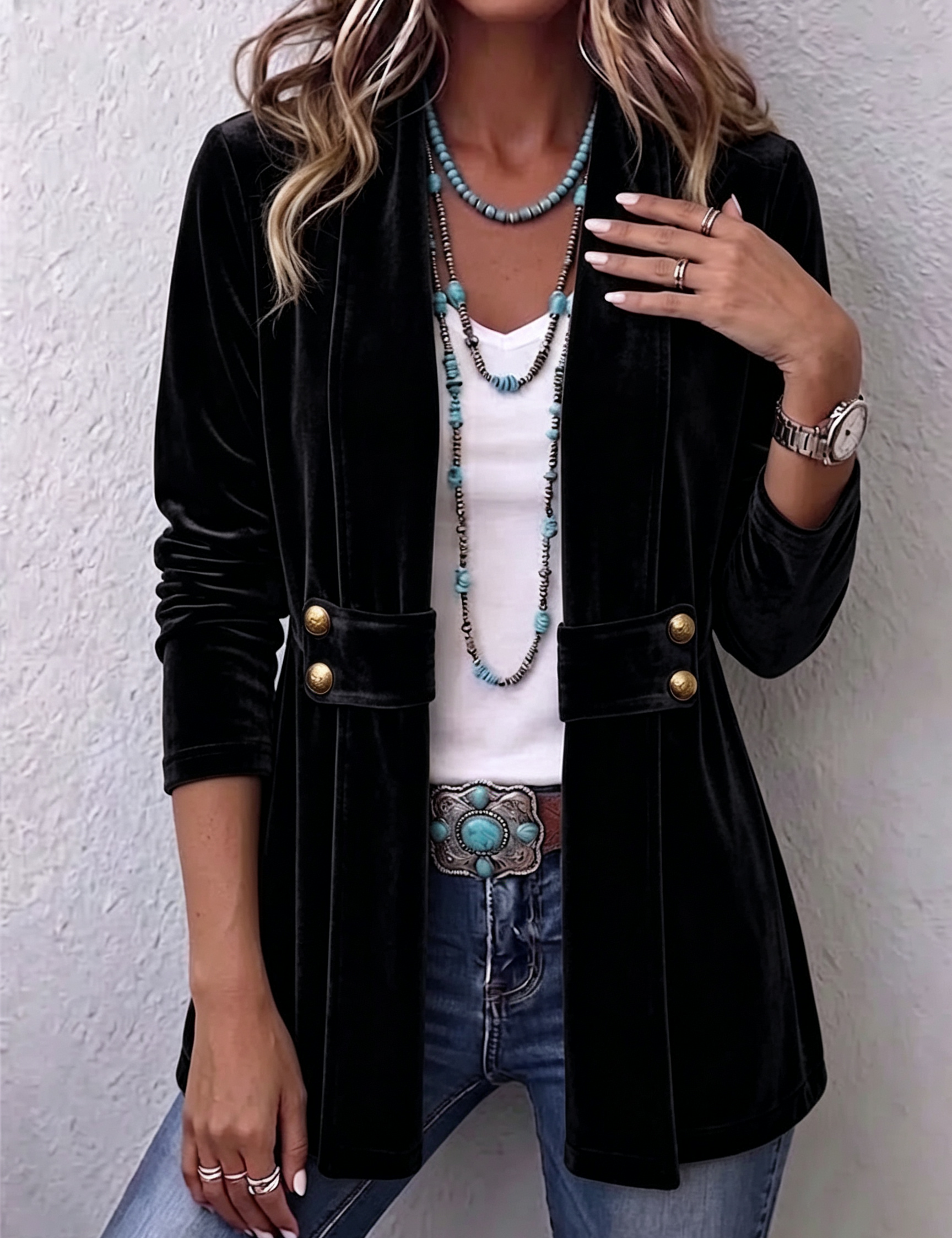 Muriel | Vintage Lapel Button-Accent Long Sleeve Open Front Jacket