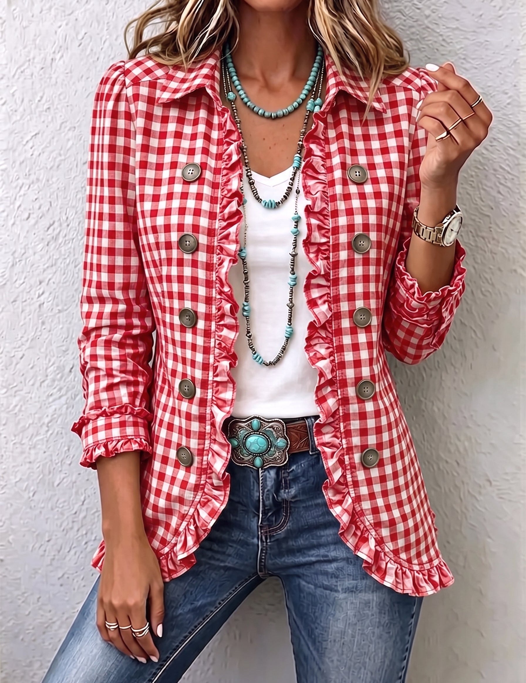 Evelyn | Gingham Ruffled Button-Down Jacket