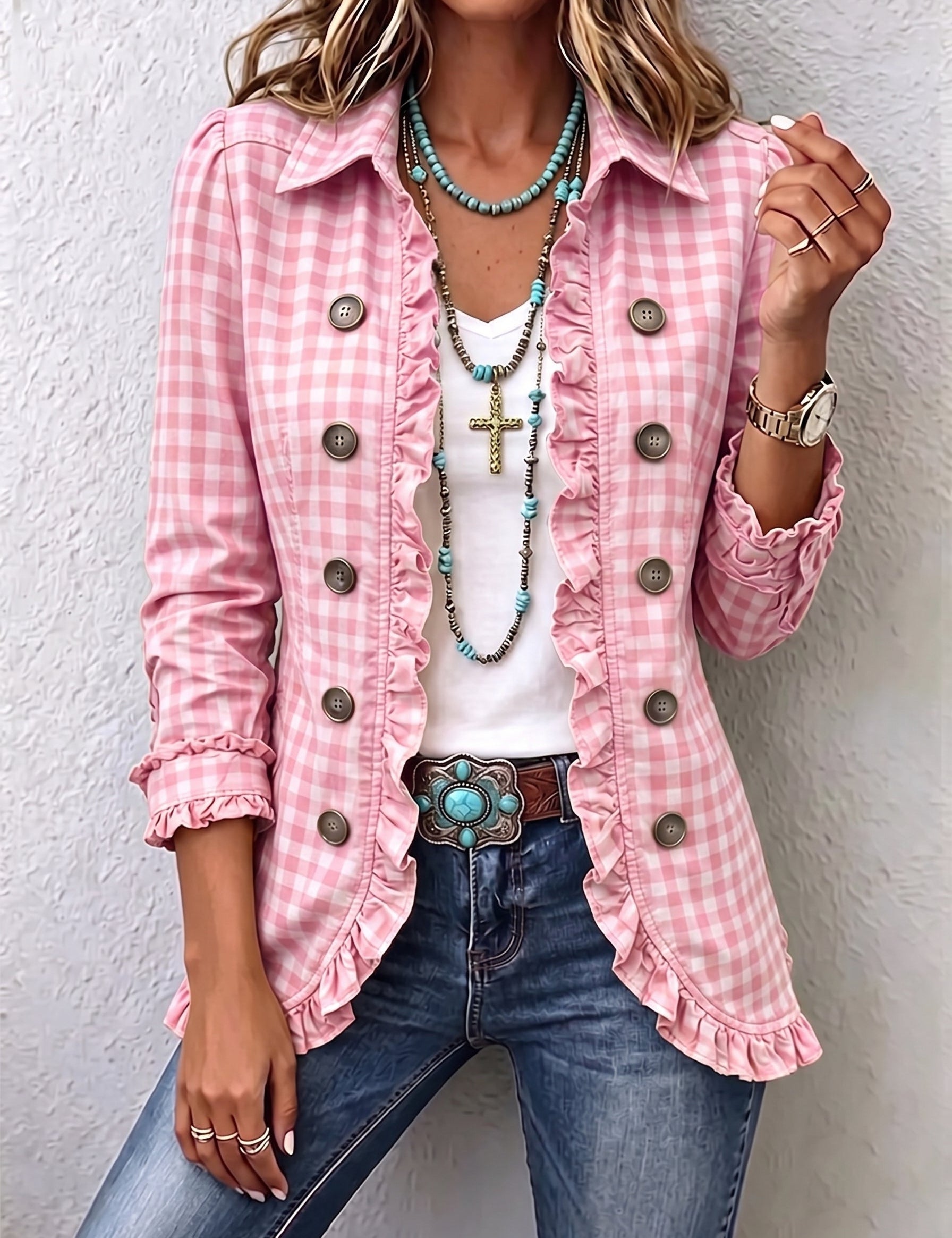 Evelyn | Gingham Ruffled Button-Down Jacket