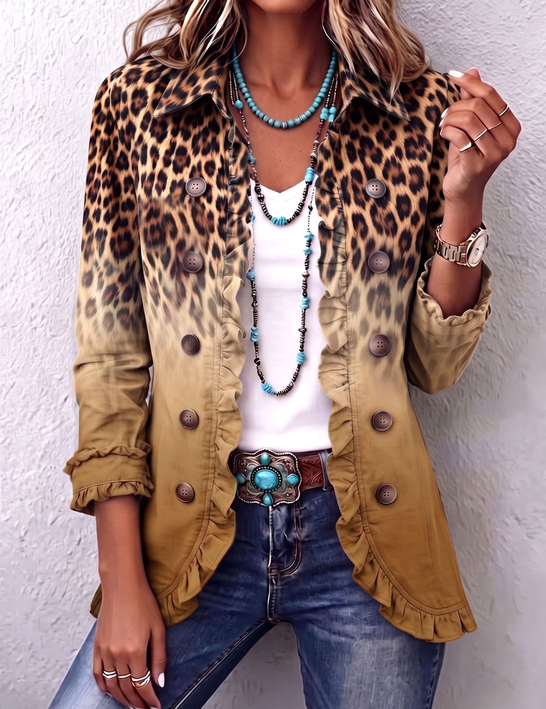 Emma | Leopard Ombre Ruffle Blazer Jacket