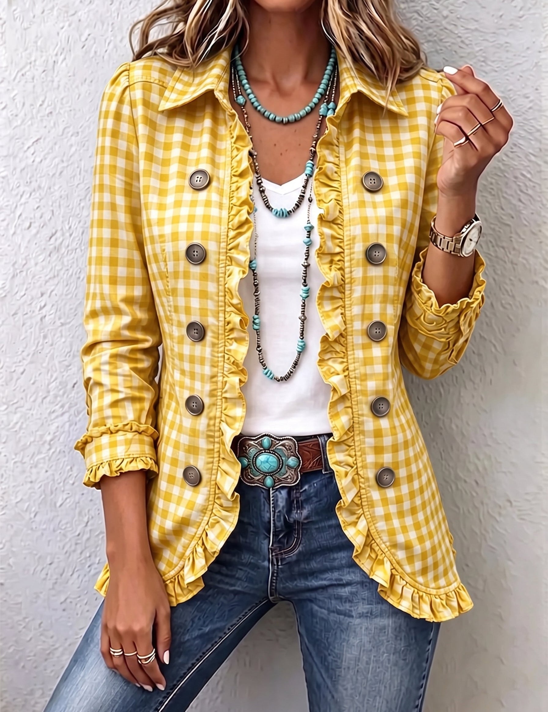 Evelyn | Gingham Ruffled Button-Down Jacket