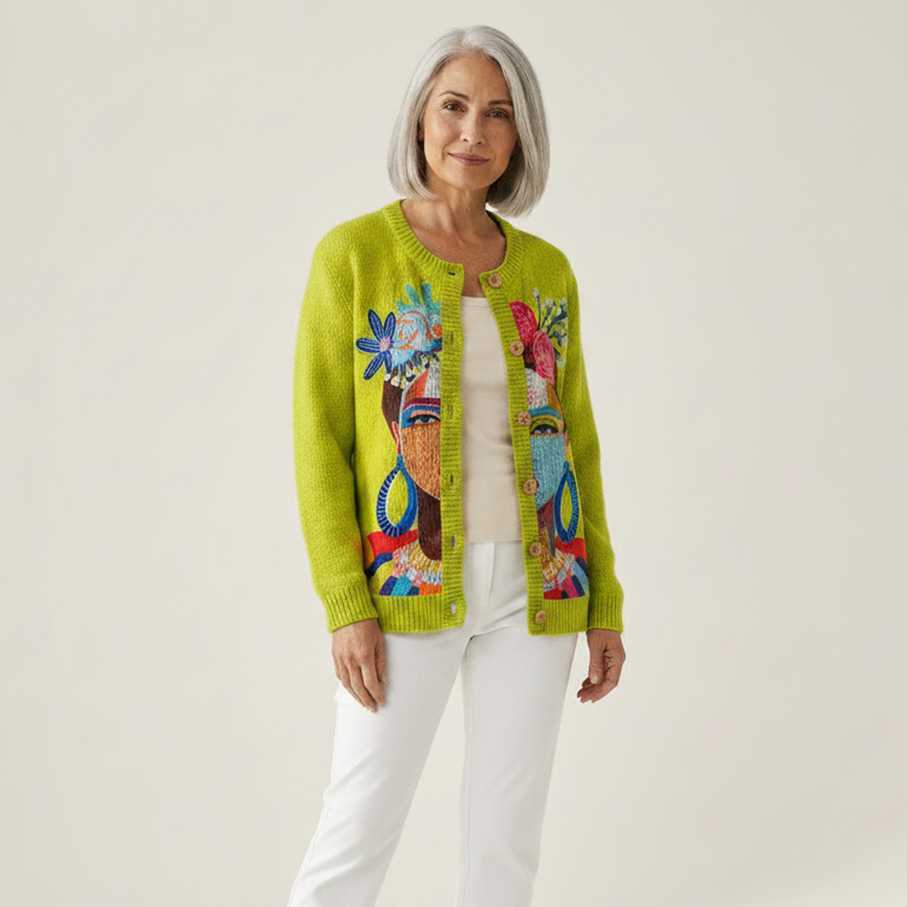 Pamela Painting Portrait Art Printed Buttoned Cardigan