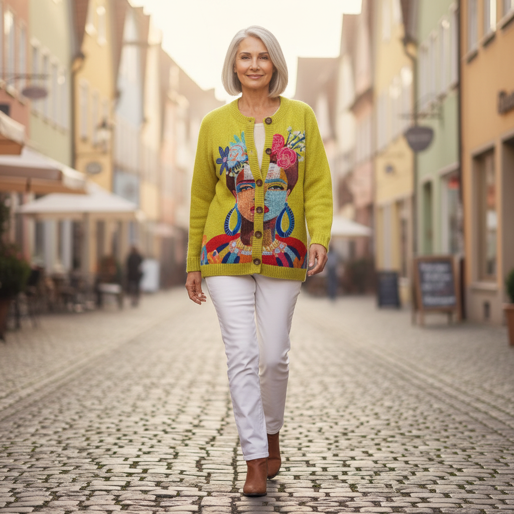 Pamela Painting Portrait Art Printed Buttoned Cardigan - view 4