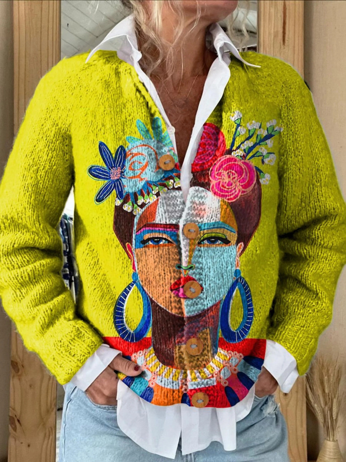 Pamela Painting Portrait Art Printed Buttoned Cardigan - view 5