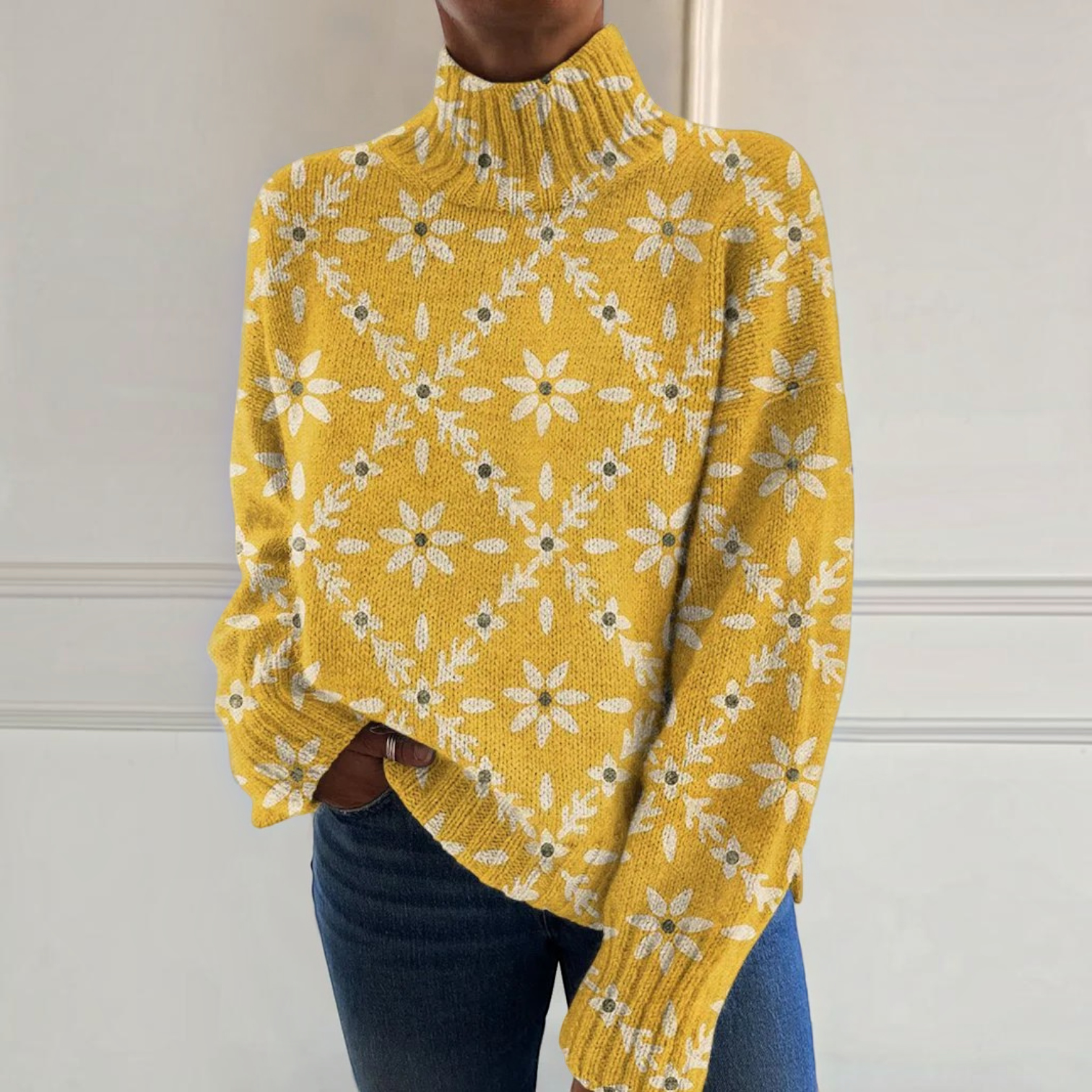 Helen, Mustard Floral Roll-Neck Jumper