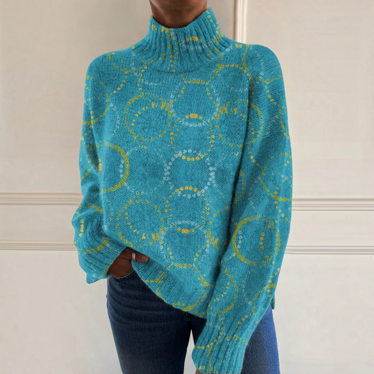 Julie, Turquoise Circle Print Roll-Neck Jumper
