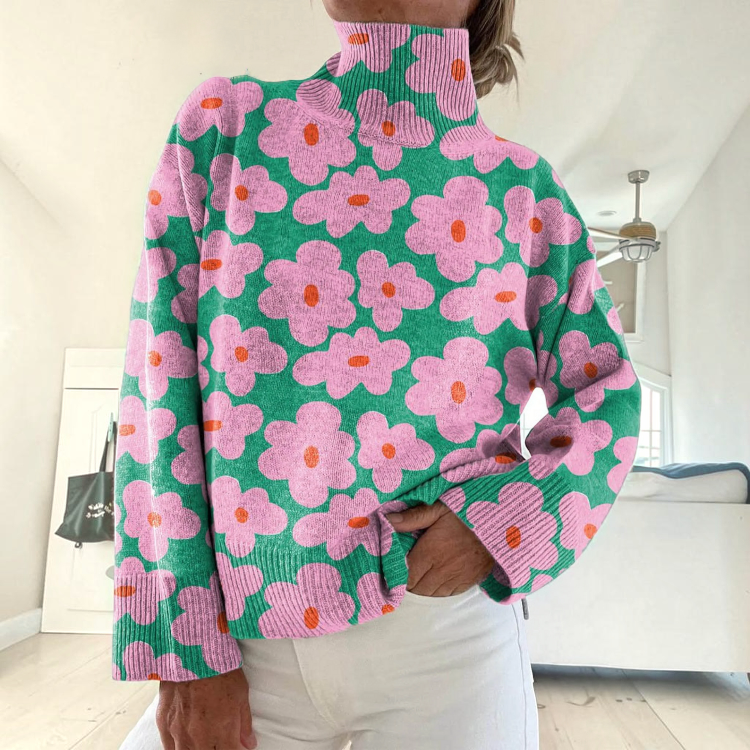 Linda, Pink Daisy Roll-Neck Jumper