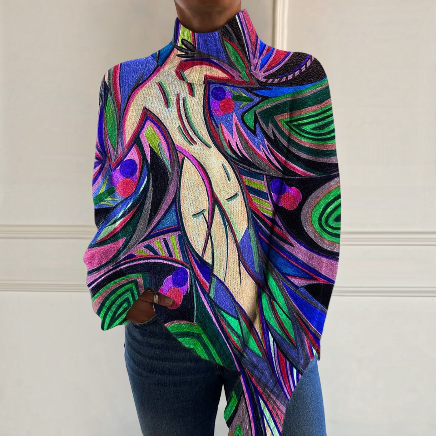 Rachel, Colourful Abstract Roll-Neck Jumper