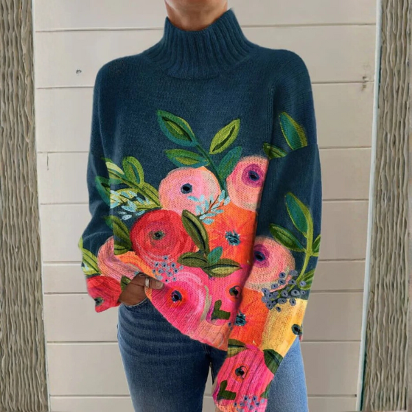 Rose, Navy Floral Roll-Neck Jumper