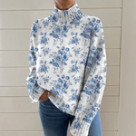 Sarah, Blue Botanical Roll-Neck Jumper