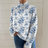 Sarah, Blue Botanical Roll-Neck Jumper