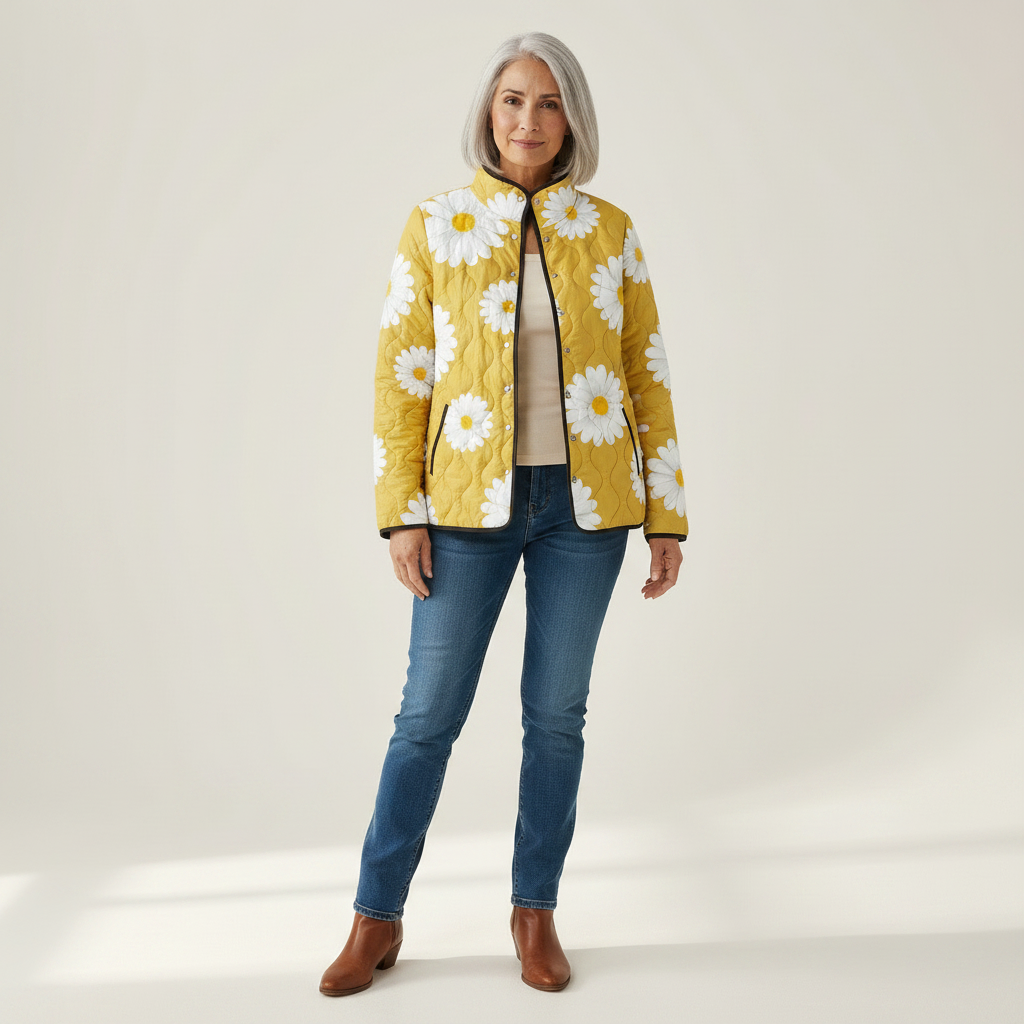 Wanda Yellow Quilted Jacket with Daisies