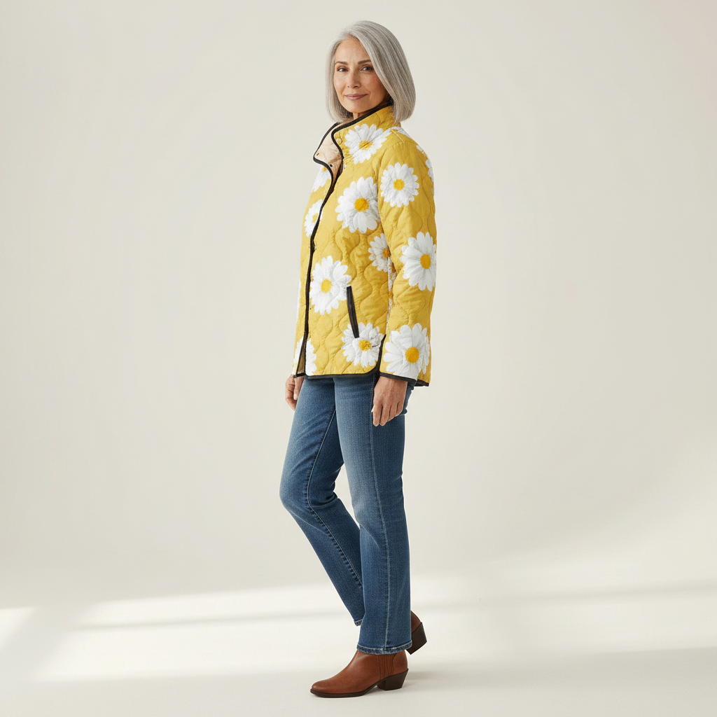 Wanda Yellow Quilted Jacket with Daisies - view 2
