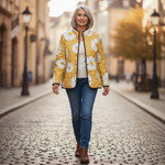 Wanda Yellow Quilted Jacket with Daisies - view 4